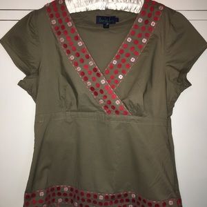 NWOT Boden green shirt with red dot embroidery